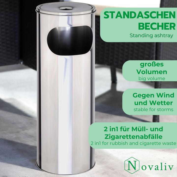 Produktbild Novaliv Standaschenbecher für draussen Edelstahl Silber 58 cm hoch 21cm Ø 2in1 für Müll- und Zigarett