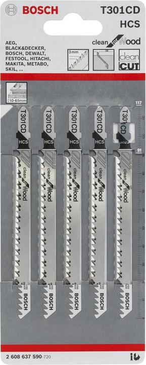 Image du produit Bosch Professional Zubehör Lame de scie sauteuse T 301 CD Clean for Wood, pack de 5