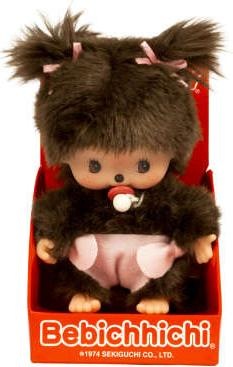 Produktbild Monchhichi Sekiguchi 235380 Original Bebichhichi Mädchen, aus braunem Plüsch, mit Windel und Zöpfen mit Schleif (20 cm)
