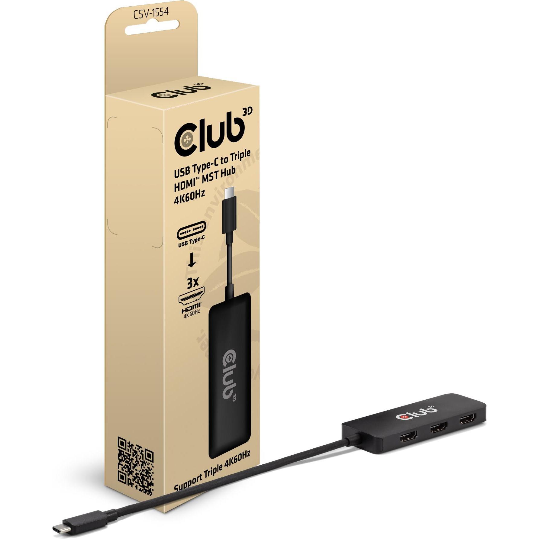 Club 3D Club3D MST-Hub USB 3.2 Typ C > 3x HDMI 4K60Hz St/Bu retail (USB-C, 3 Ports), Dockingstation + USB Hub, Schwarz