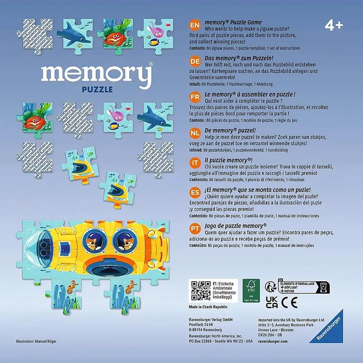 Produktbild Ravensburger 22461 - memory® Puzzle Unterwasserwelt - Für 2-4 memory® Fans ab 4 Jahren, der (80 Teile)