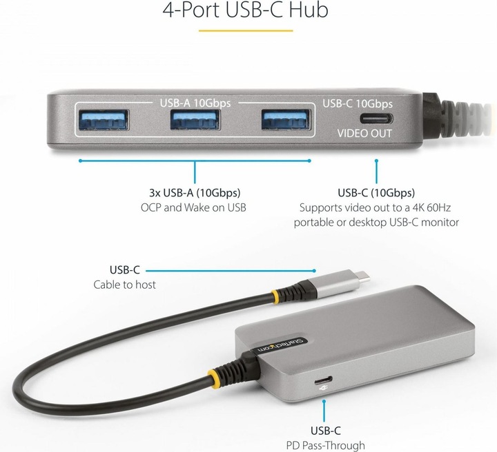Produktbild StarTech com 4-Port USB-C Hub mit DP Alt Mode Videoausgang 4K 60Hz - USB-C auf 3x USB-A & USB-C, 100 (USB-C, 4 Ports)