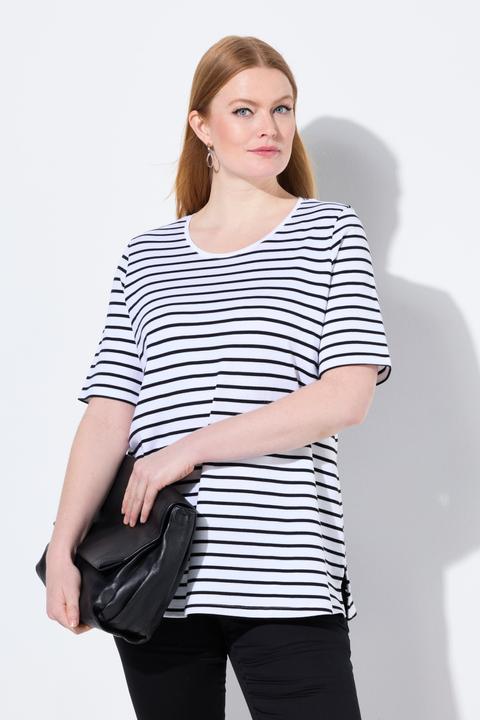 Immagine prodotto Ulla Popken Maglia a righe dal taglio svasato in cotone Pima con scollo a girocollo e mezze maniche (50, 52)