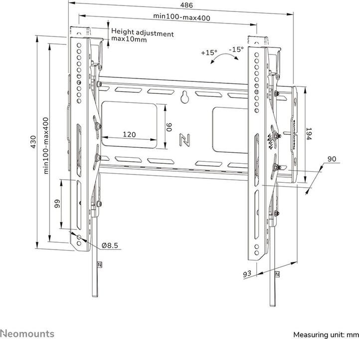 Image du produit Neomounts Support mural 400x400mm 100kg/32-75"/incliné/noir/charge lourde (Mur, 100 kg, 32" - 75")