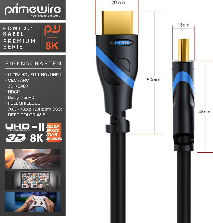 Immagine prodotto Primewire Cavo HDMI 2.1, tipo A, 8k @ 120Hz 4K @ 240Hz / 4k @ 240Hz con DSC, UHD, HDR, eARC, VRR, 48 Gbit/s (1 m, HDMI)