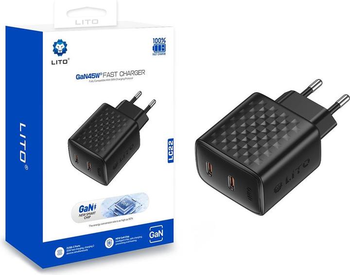 Image du produit Lito - Wall Charger (LC22) - 2x Type-C Output, PD45W, GaN, PC Fireproof, EU Plug - Black (45 W, 2 ports)