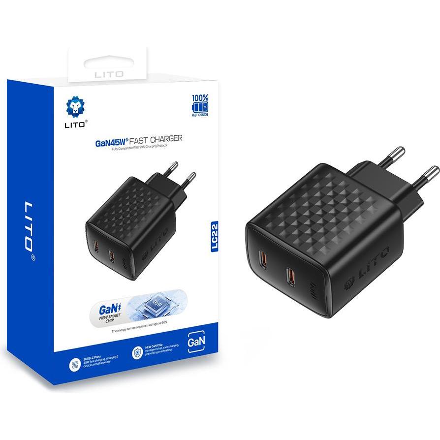 Lito - Wall Charger (LC22) - 2x Type-C Output, PD45W, GaN, PC Fireproof, EU Plug - Black (45 W), Caricatore USB, Nero