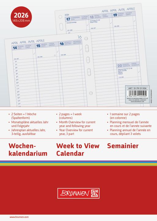 Image du produit Brunnen Timer Einlage 2026 079101006 1W/2S Spalte DE A5 (14,8 x 20,8 cm, 1 semaine / 2 pages)