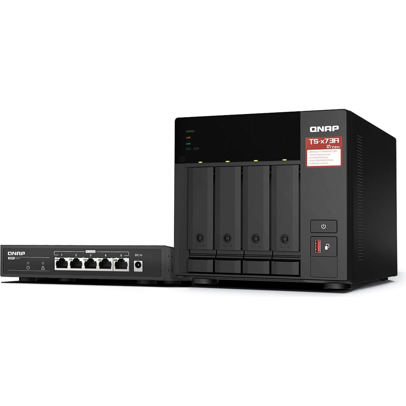 QNAP TS-473A + QSW-1105-5T Bundle Pack (0 TB), NAS, Schwarz