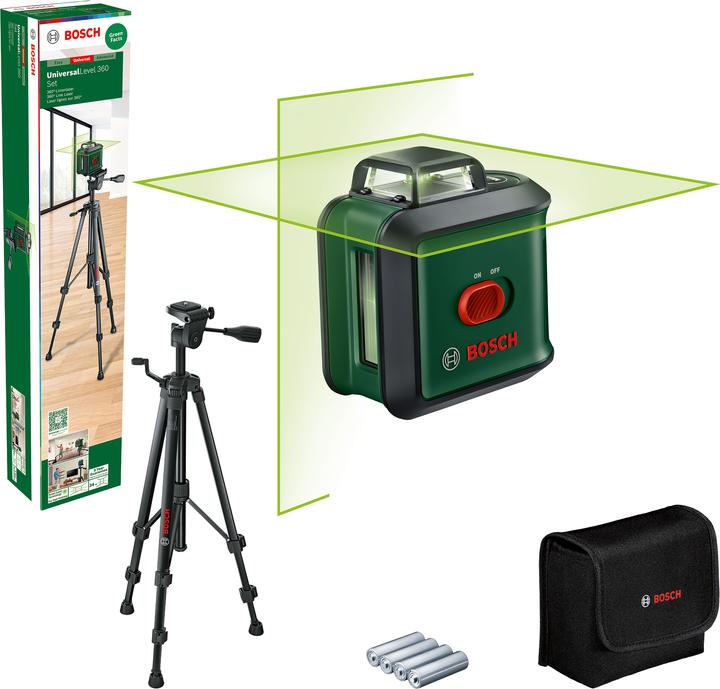 4 x 1.5V LR6 (AA) batteries, soft storage bag, Stativ TT 150