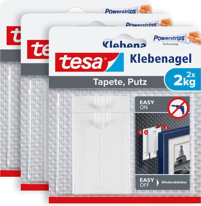 Produktbild tesa Klebenagel für Tapete & Putz, 2kg Halteleistung, spurlos ablösbar & wiederverwendbar, 6 Nägel