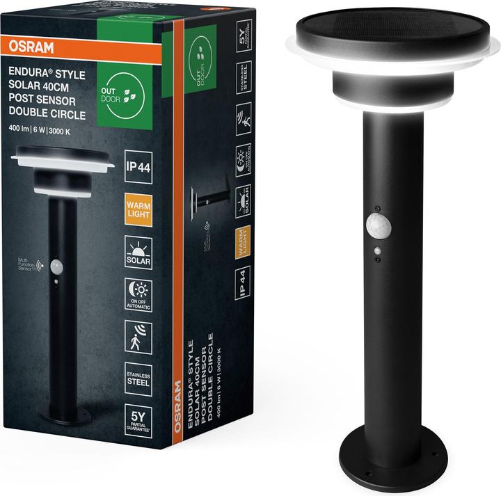 Image du produit Osram ENDURA® STYLE SOLAR DOUBLE CIRCLE 40cm Post Sensor Double Circle 6W Black (400 lm, IP44)