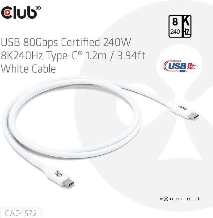 Produktbild Club 3D Club3D Kabel USB C zertifi. PD240W/8K240Hz/80Gbps 1,2m weiss retail (1.20 m, 240 W)