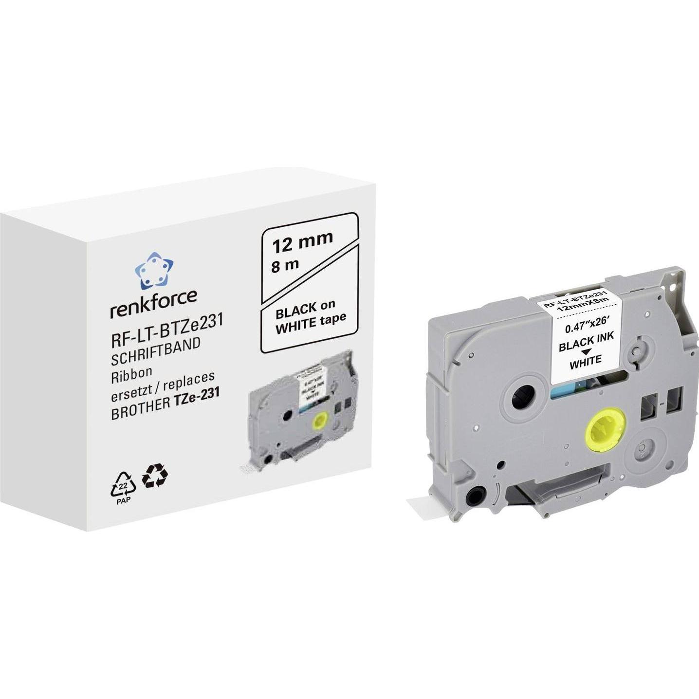 Renkforce, Beschriftungsband, Schriftband RF-LT-BTZe231 Kompatibel ersetzt Brother TZe-231 12 mm B (1.20 cm, Weiss)