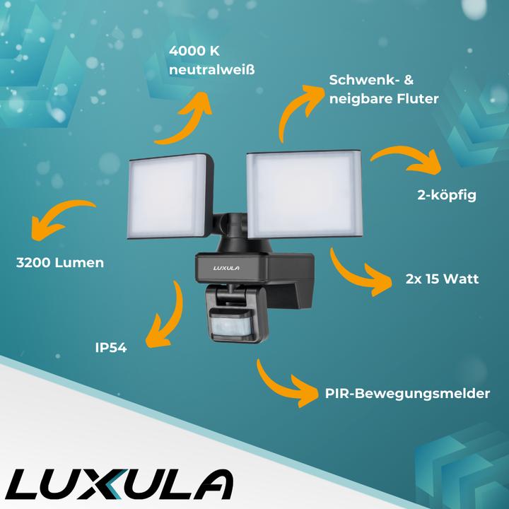 Produktbild Luxula LED-Fluter LX400192, mit BM, 2-köpfig, 2x 15 W, 3200 lm, 4000 K (3200 lm, IP54)