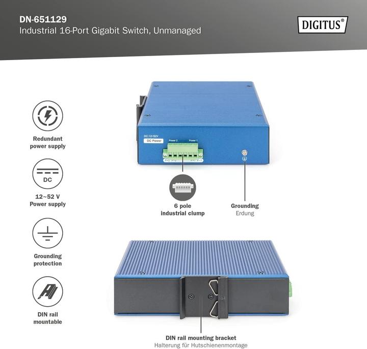 Produktbild Digitus Industrial 16-Port Gigabit Switch, Unmanaged (16 Ports)