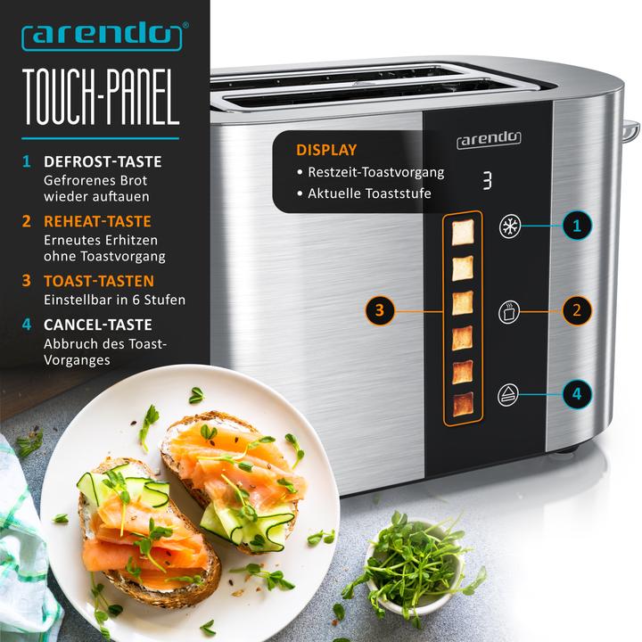 Produktbild Arendo Toaster Edelstahl 2 Scheiben Kurzschlitz, Touch Display, Restzeit & Bräunungsgradanzeige, 800 W