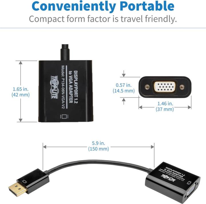 Actual product image Eaton DisplayPort to VGA Active Adapter Video Converter DP ver 1.2 M/F 6inch 15.24cm (VGA, 4.19 cm)