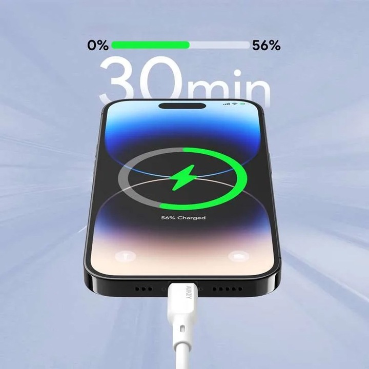 Actual product image Aukey USB-C - Lightning MFi 27W silicone USB cable, 1.8 m (1.80 m, USB 2.0)