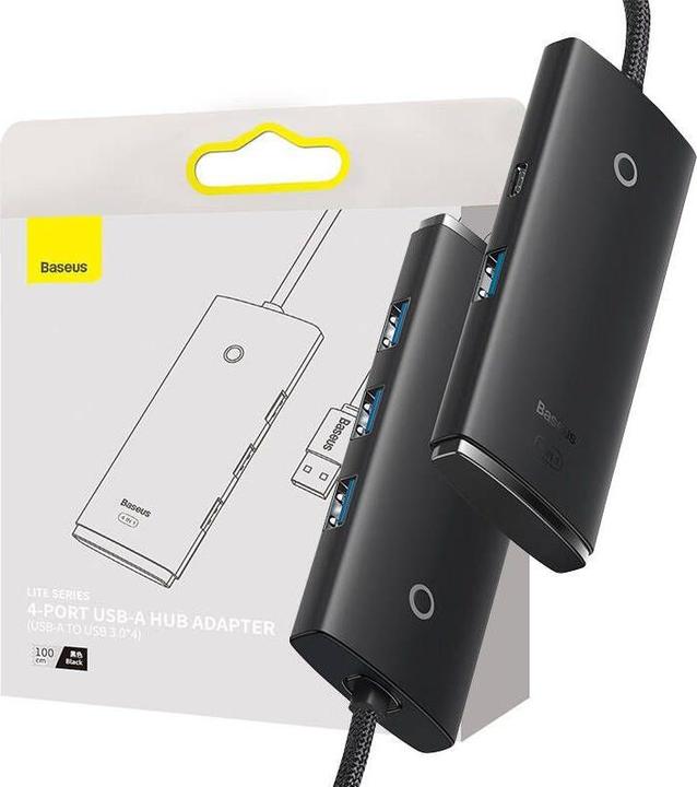 Actual product image Baseus Lite Series 4-Port USB-A HUB Adapter (USB-A to USB 3.0*4 ) 1m Black (USB-C, 4 Ports)