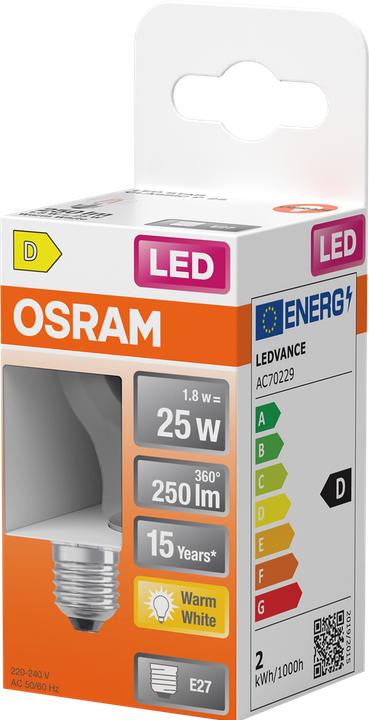 Produktbild Osram LED Leuchtmittel Retrofit CLASSIC P 25 CL 18. W/2700 K E27 (E27, 1.80 W, 250 lm, 1 x, D)