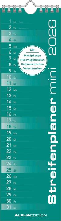 Nährwerte und Zutaten Alpha Edition Streifenplaner Mini Mint 2026 - Streifen-Kalender 9,5x33 cm - Kchenkalender - Wandplaner - Alph