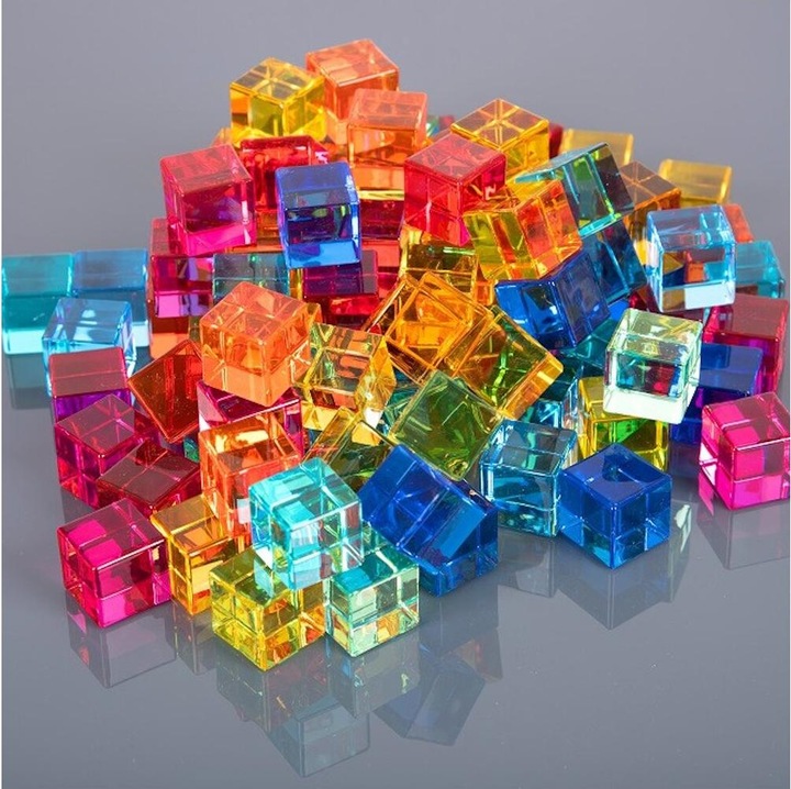 Produktbild TickiT Set mit 100 farbigen und Transparente Acryl-Würfel und einem Spiegelkasten aus Holz