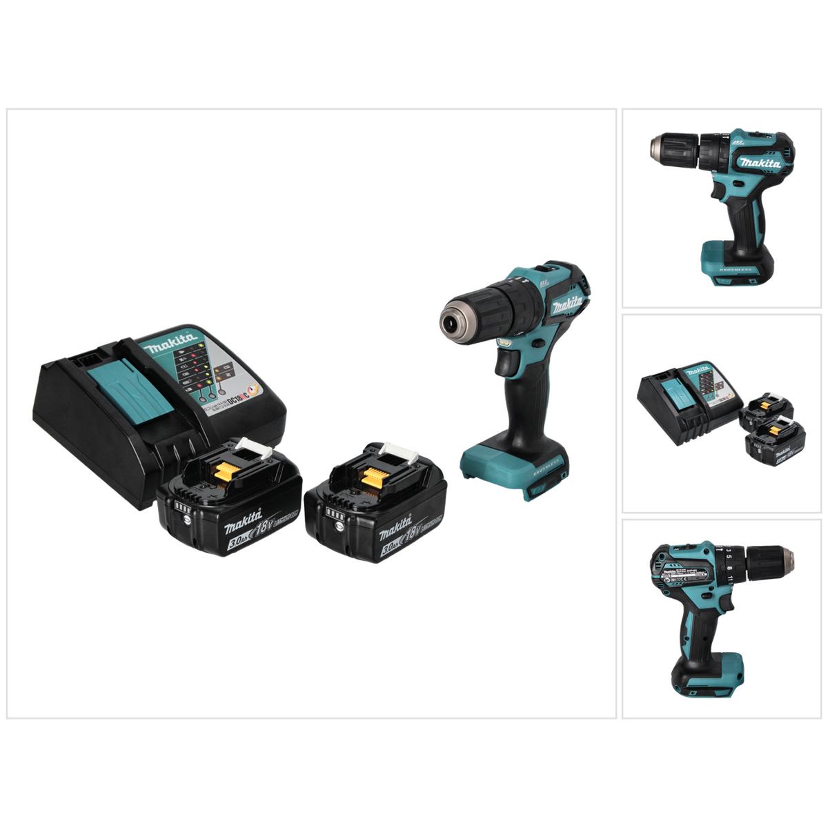 Makita, Bohrmaschine + Akkuschrauber, DHP 483 RF Akku Schlagbohrschrauber 18 V 40 Nm Brushless + 2x Akku 3,0 Ah + Ladege...