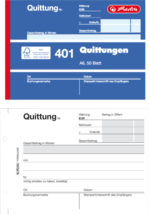 Actual product image Herlitz Receipt pad A6 401 50pcs. (50 x)