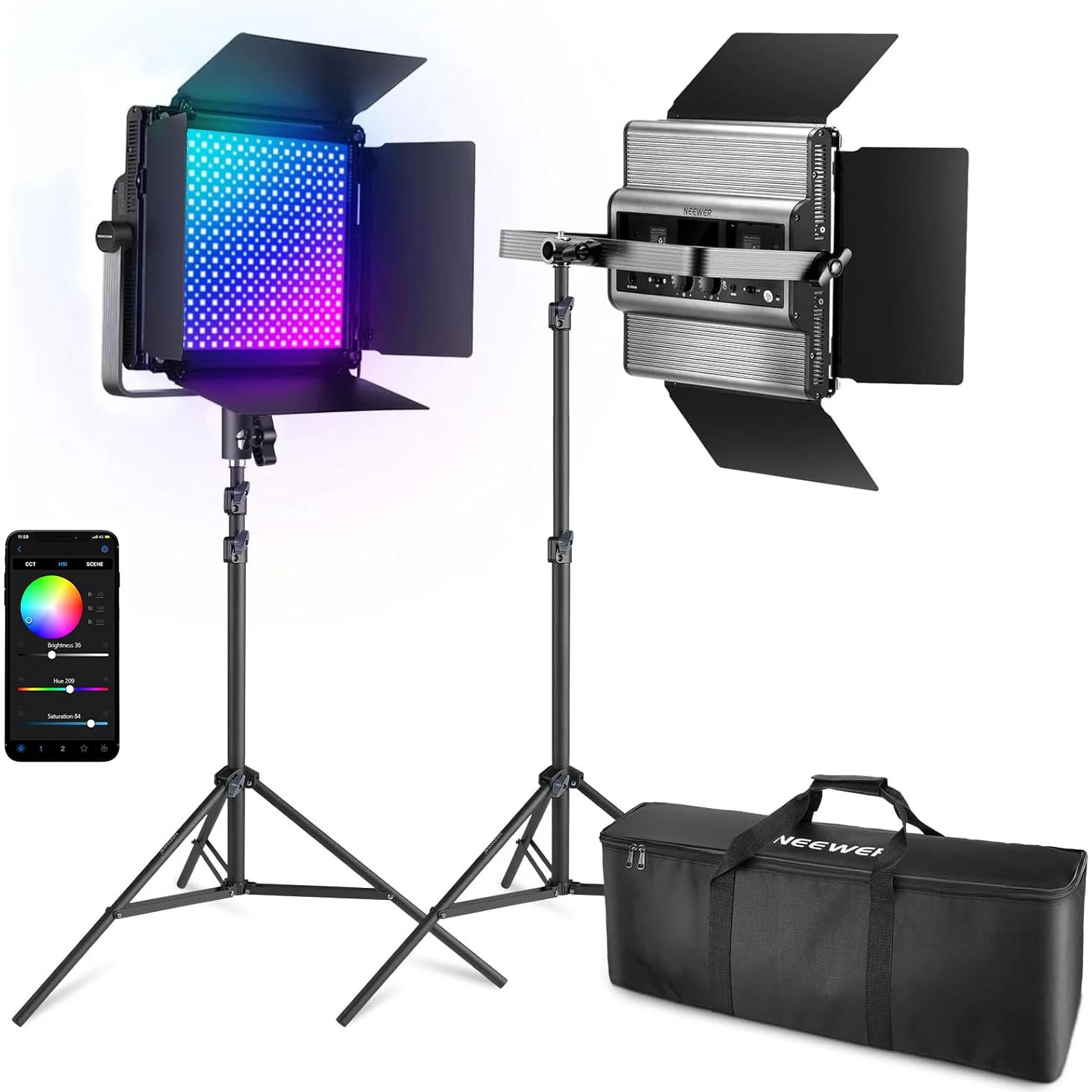 Neewer 2×RGB1200 App LED Light 60W V4+2×200cm Light Stand+Bag (Luce studio), Luce continua