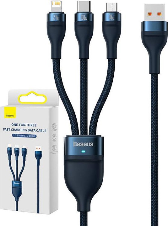 Produktbild Baseus 3in1 USB cable Flash Series, USB-C + micro USB + Lightning, 100W, 1.2m (blue) (1.20 m, USB 2.0)