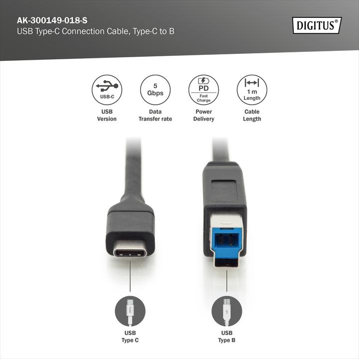 Produktbild Digitus USB C – USB B (1 m, USB 3.1)