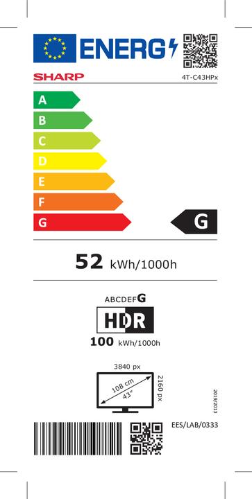 Label énergétique Sharp 43HP5265E (43", QLED, 4K)