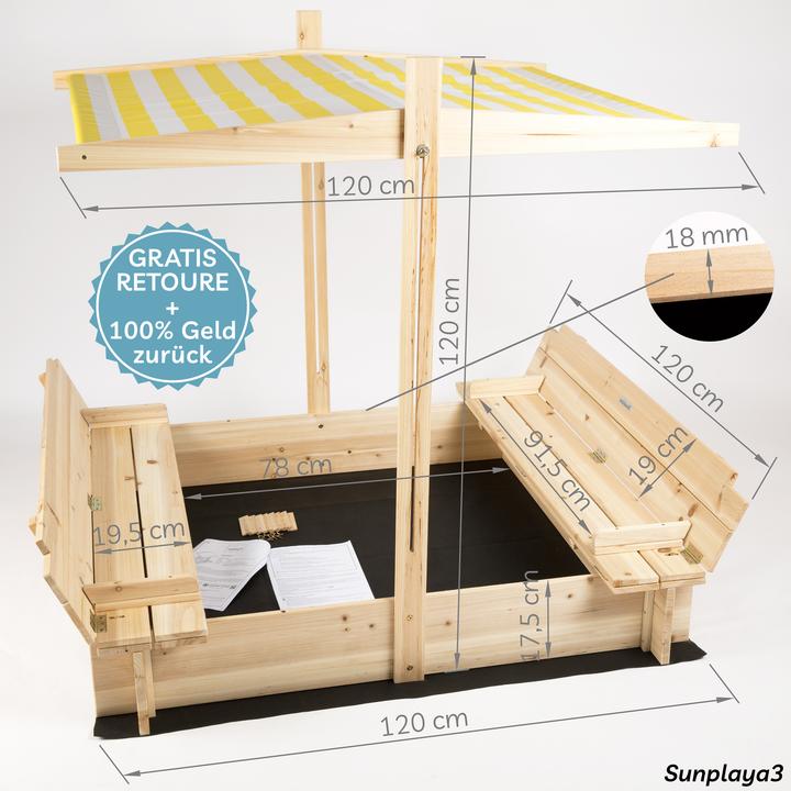 Image du produit Needs&Wants Sandkasten "Sunplaya3" mit Dach und Sitzbänken, Tanne