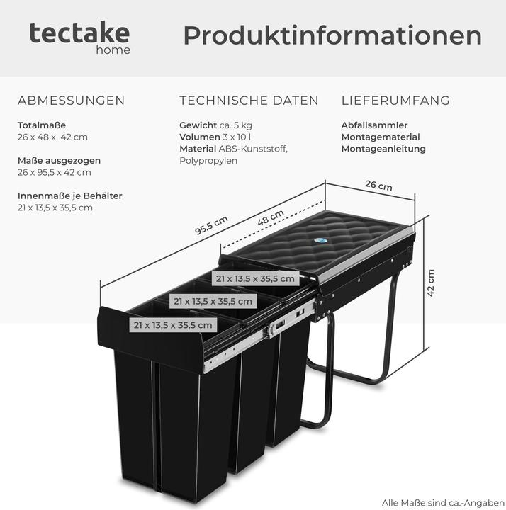 Actual product image tectake Abfallsammler Ashlyn, 3-fach Trennung, 30L, Teleskopschienen (30 l)