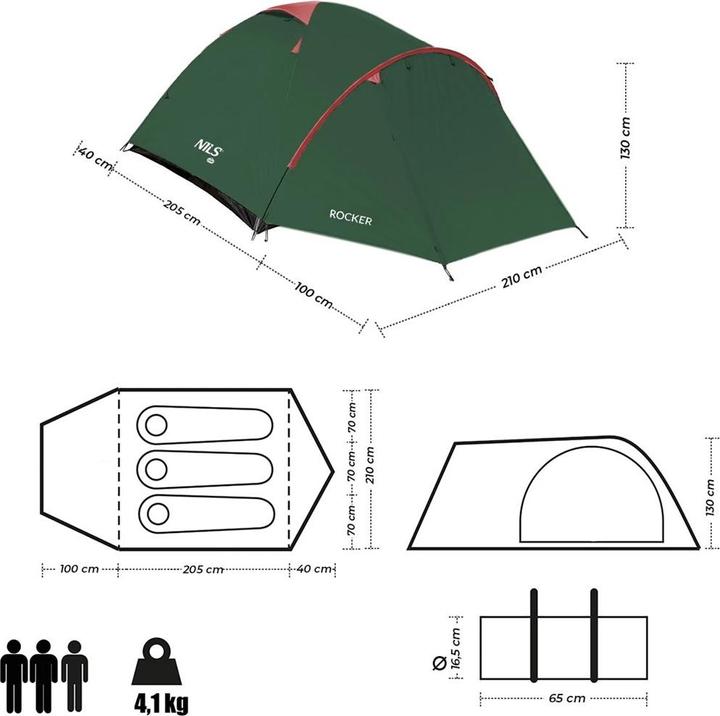 Produktbild Nils Nc6013 Grüner Und Roter Rocker Camp Campingzelt (Kuppelzelt, 4.20 kg, 3 Personen)