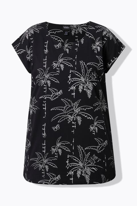 Actual product image Ulla Popken Palm Tree Print Split Neck Cap Sleeve Tee (60)