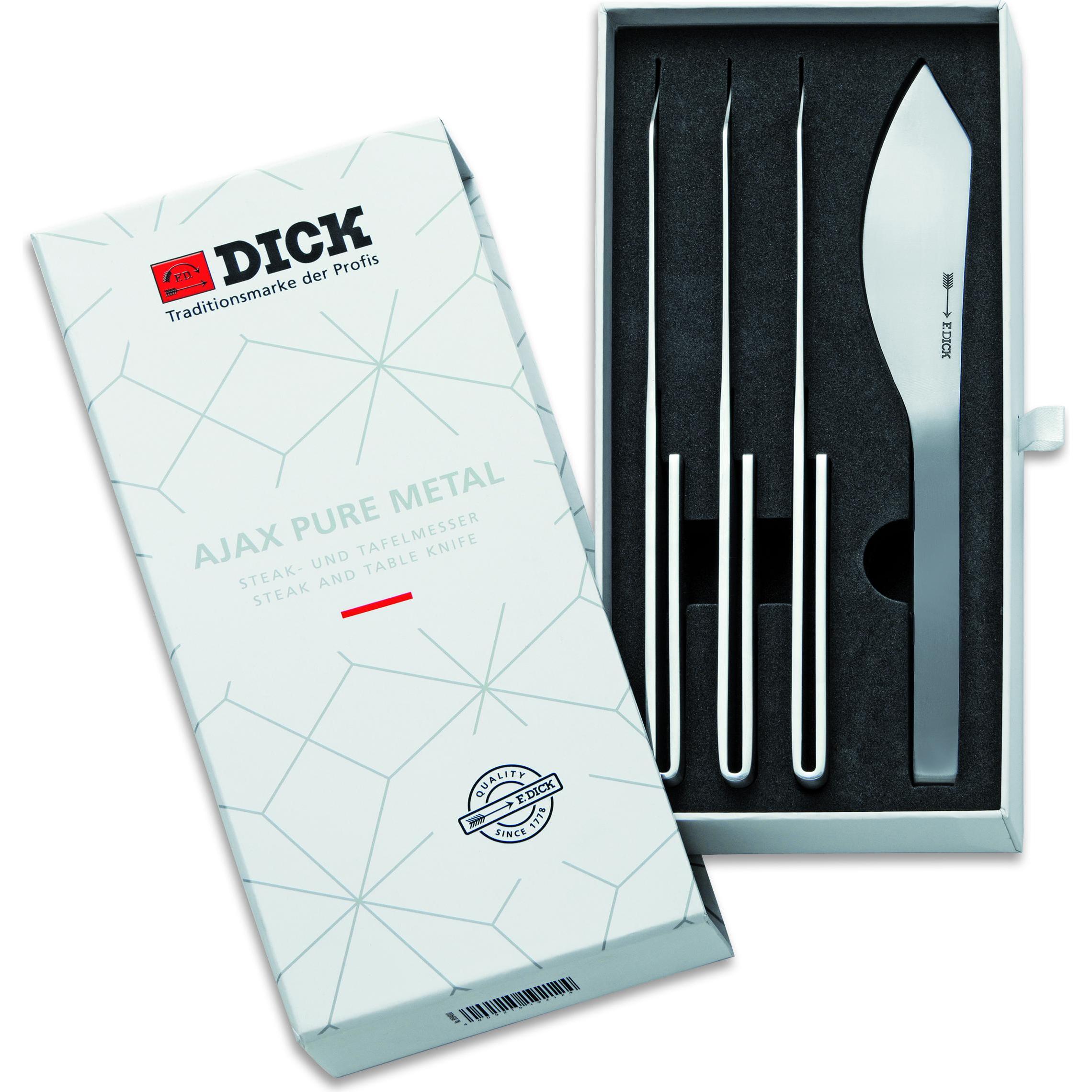 F. Dick Pure Metal Ajax Steakmesser-Set (4-teilig, Messer Set, breites Klingenblatt, geschwungene Sc, Besteck