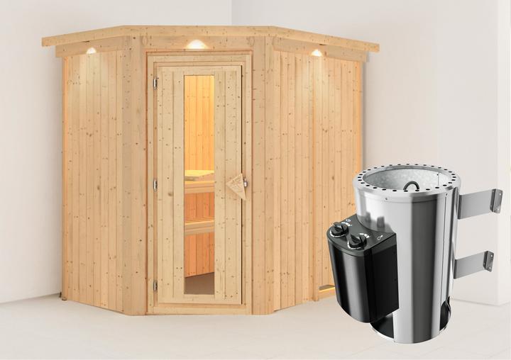 Actual product image Karibu Sauna Caspin corner entry, cornice (Plug & Play 3.6 KW internal control)
