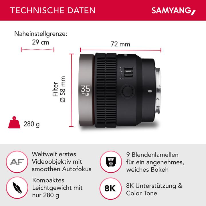 Image du produit Samyang V-AF 35mm f/1.9 FE Sony E (Sony E, Plein format, APS-C / DX)
