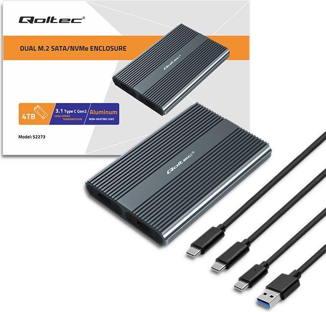 Produktbild Qoltec Obudowa | kieszeń na dysk M.2 SSD SATA | NVME | DUAL |USB-C (M.2)