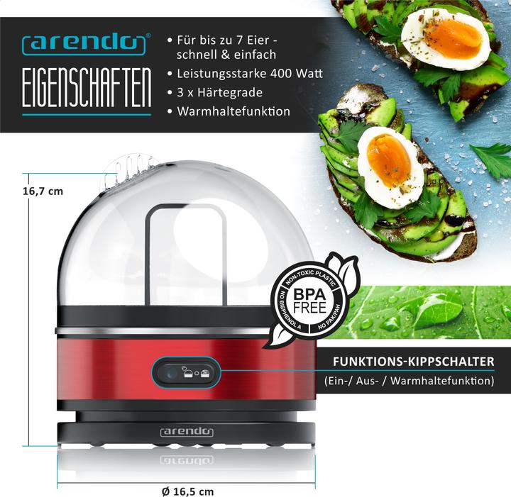 Immagine prodotto Arendo Edelstahl Eierkocher 7-fach, 400 W, Edelstahl, Warmhaltefunktion, Härtegrad einstellbar, rot