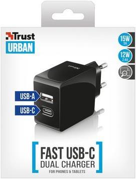 Productafbeelding Trust Snelle dubbele wandoplader USB-C+USB