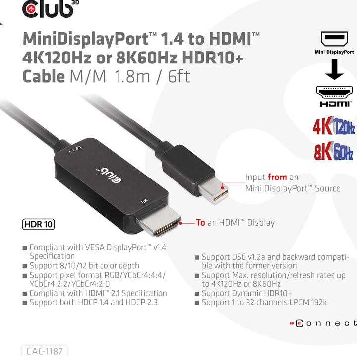 Produktbild Club 3D Club3D Kabel MiniDP 1.4 > HDMI St/St (1.80 m)