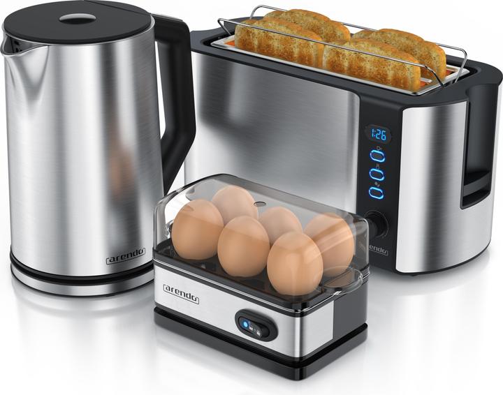 Produktbild Arendo Frühstücks Set, Wasserkocher 1,5l Temperaturwahl, 4 Scheiben Toaster & Eierkocher für 6 Eier, Silber