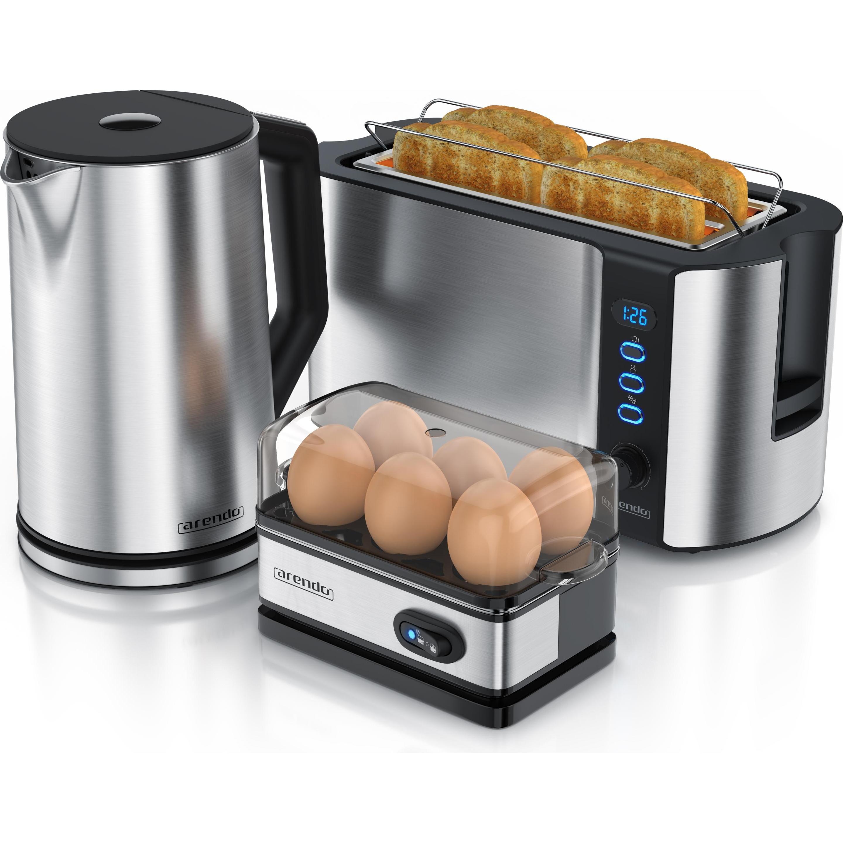 Arendo Frühstücks Set, Wasserkocher 1,5l Temperaturwahl, 4 Scheiben Toaster & Eierkocher für 6 Eier, Silber, Toaster, Si...