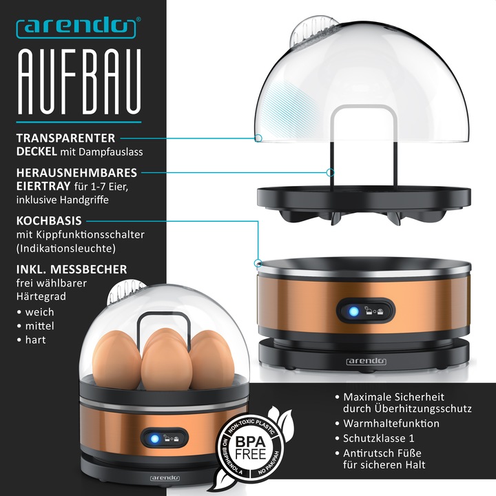 Actual product image Arendo Breakfast set stainless steel kettle 1.5l with temperature setting & egg boiler for 7 eggs, copper