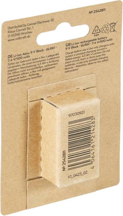 Actual product image Voltcraft 6LR61 9 V block rechargeable battery Li-Ion 500 mAh 7.4 V 1 pc. (7.40 V, 500 mAh)