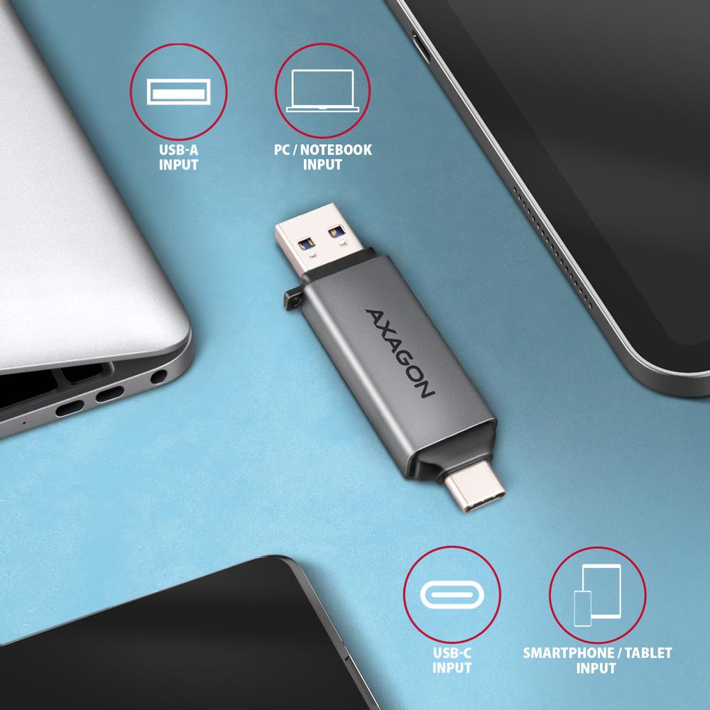 Thumbnail - Axagon CRE-DAC External USB 3.2 Gen1 Type-C+Type-A 2-slot SD/microSD (USB 3.0, Type-B), Speicherkartenlesegerät, Grau