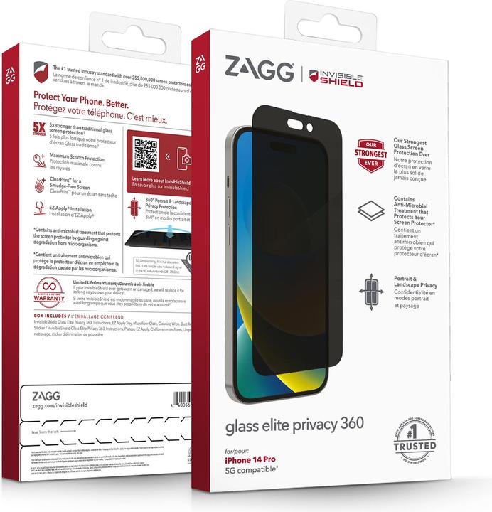Produktbild Zagg InvisibleShield Glass Elite Privacy 360, 15,5 cm (6.1"), Smartphone, Filtro per la privacy senz (1 Stück, Apple iPhone 14 Pro)